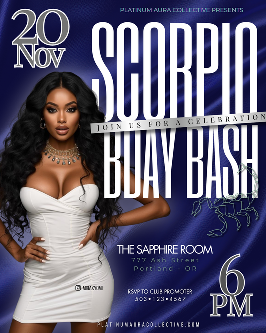 Promotional flyer for a Scorpio Buay Bash event featuring a woman in a white dress against a purple satin background.