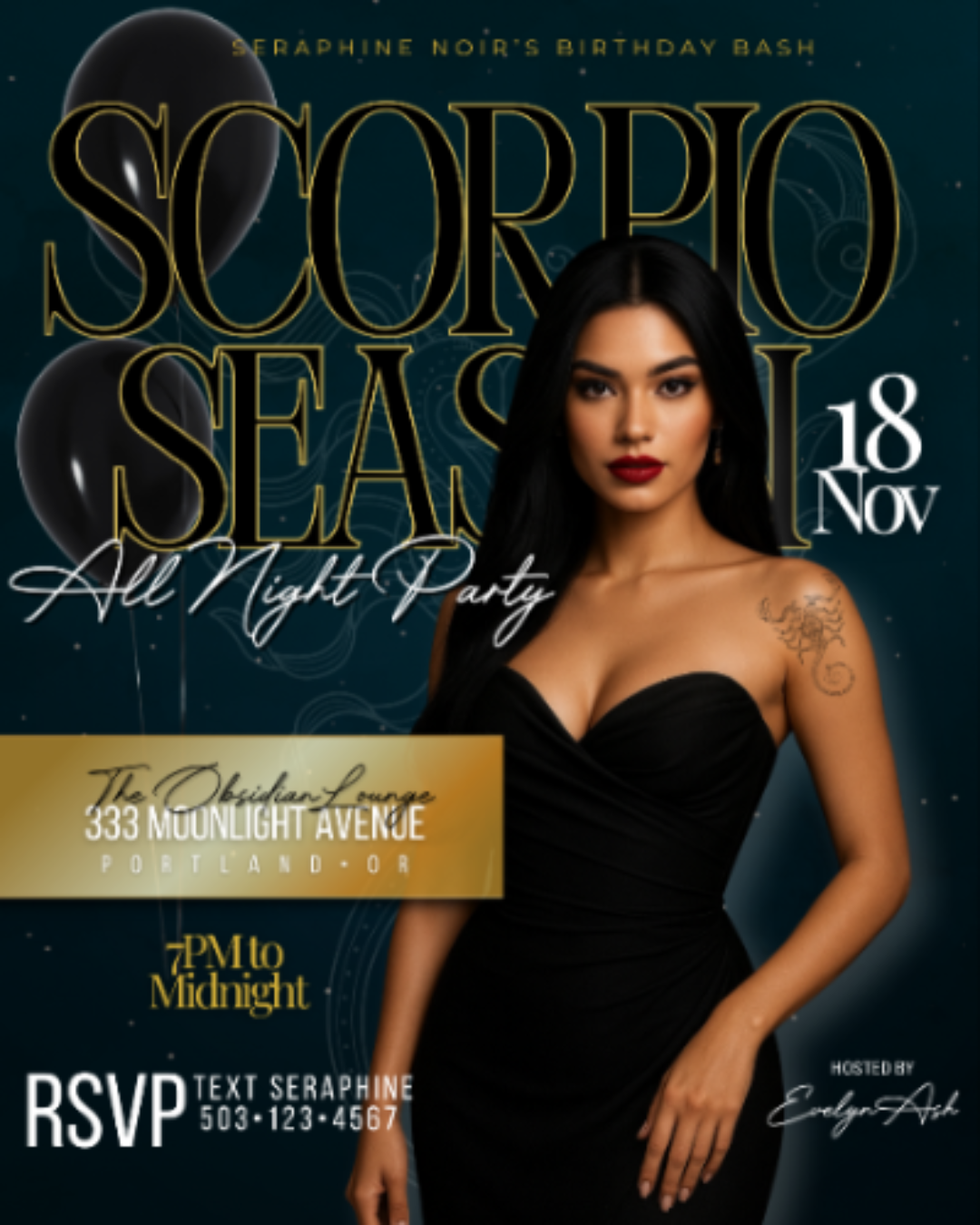 Promotional flyer for Scorpio Season All Night Party with a woman in a black dress against a dark background.